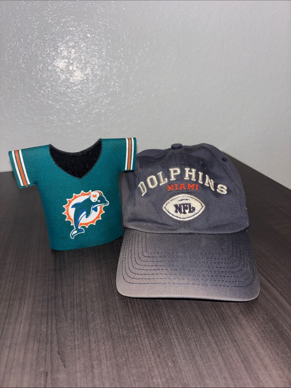 Vintage Miami Dolphins baseball cap and bottle jersey koozie bundle